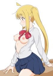 1boy ahoge blonde_hair blue_skirt bocchi_the_rock! bow bowtie breasts clothed_female_nude_male clothed_sex cowgirl_position female ijichi_nijika implied_sex large_breasts long_hair long_sleeves male nipples nude open_clothes open_shirt pink_bow pink_bowtie red_eyes riding shirt side_ponytail simple_background skirt smile solo_focus straddling straight straight_hair usazirou539 white_background white_shirt