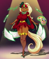 anthro armband beret big_breasts blonde_hair bottomwear breasts brush bucky_o'hare_(series) canvas cape clothed clothing crovirus crown domestic_cat dress felid feline felis female floating_object footwear gem genitals green_eyes hair hat headgear headwear hi_res high_heels legwear looking_at_viewer magic_glow mammal mona_(bucky_o'hare) nipple_outline paintbrush painter pencil pussy raised_bottomwear raised_clothing raised_skirt red_clothing red_dress sex_toy shoes skirt smile solo spotlight stockings tiara vibrator