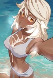 ai_generated blush breasts cleavage cum cum_on_body cum_on_breasts dark-skinned_female dm4freeairequests guilty_gear guilty_gear_xrd ramlethal_valentine selfie