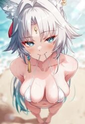 beach_background breasts breasts_focus close-up feixiao_(honkai:_star_rail) honkai:_star_rail raaicave shoulders white_hair