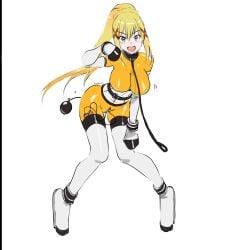 ballet_boots bdsm_collar bdsm_outfit bondage_mittens buttplug collared corset darkness_(konosuba) eudetenis heel_boots hoof_gloves inflatable_buttplug kono_subarashii_sekai_ni_shukufuku_wo! latex latex_bodysuit latex_suit leash leash_and_collar leashed ponygirl ponyplay ponytail vibrator_in_pussy