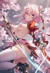 ai_generated breasts cherry_blossoms female honkai:_star_rail march_7th_(honkai:_star_rail) naked_female nipples_covered pink_hair raaicave sword thighs training