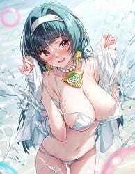 astra_yao big_breasts bikini blush curvy_female curvy_figure dark_green_hair embarrassed_female loose_bikini ocean_background raaicave white_bikini white_shirt zenless_zone_zero