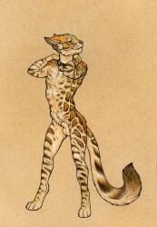 animal_genitalia anthro balls bell bell_collar bengal_cat biped cheek_tuft collar collar_only digitigrade domestic_cat facial_tuft fangs felid feline felis full-length_portrait fully_sheathed fur genitals hibbary male mammal markings narrowed_eyes nude paws portrait sheath simple_background smile solo spots spotted_body spotted_fur standing tail tan_body tan_fur teeth traditional_media_(artwork) tuft whiskers