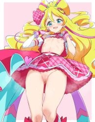 :d blonde_hair blue_eyes blush border breasts breasts_out cleft_of_venus clothes_lift cure_idol double_bun drill_hair female fingerless_gloves from_below gloves groin hair_bun hair_ornament heart heart_hair_ornament kimi_to_idol_precure lifting_own_clothes long_hair looking_at_viewer magical_girl mak066 navel nipples open_mouth outside_border pink_background pink_gloves pink_skirt precure presenting_breasts puffy_sleeves pussy ribs sakura_uta_(precure) shirt_lift simple_background skirt skirt_lift small_breasts smile solo twin_drills very_long_hair wavy_hair white_border