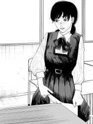 chainsaw_man classroom clothes_lift commentary_request crotch_rub desk dress dress_lift female female_masturbation fourth_east_high_school_uniform fujimoto_tatsuki_(style) greyscale indoors lifting_own_clothes long_sleeves masturbation mitaka_asa monochrome nanami_toga panties pinafore_dress school_uniform shirt sleeveless sleeveless_dress solo sweat table_humping underwear white_shirt window