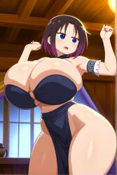 ai_generated black_hair blue_eyes dancing elma_(dragon_maid) female huge_breasts miss_kobayashi's_dragon_maid short_hair two-tone_hair