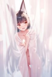 ai_generated behind_curtain daytime embarrassed_nude_female hoshimi_miyabi naked_female orange_eyes raaicave scared_expression zenless_zone_zero