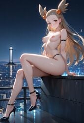 ai_generated areolae breasts cityscape gym_leader hair_ornament high_heels illustrious_(stable_diffusion) jasmine_(pokemon) lighthouse looking_at_viewer navel nipples pokemon pokemon_character pokemon_gsc pokemon_hgss self_upload sitting skindentation stable_diffusion