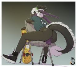 2025 anthro anus ass backsack balls biped black_body black_clothing black_footwear black_horn black_shoes bottomless chair clothed clothing curly_hair digital_media_(artwork) dragon eastern_dragon folding_chair footwear fur furniture genitals gradient_background graffiti hair hi_res horn long_ears looking_at_viewer looking_back looking_back_at_viewer low-angle_view male mythological_creature mythological_scalie mythology on_chair plantigrade presenting presenting_hindquarters purple_anus purple_balls purple_body rear_view scalie shaded shirt shoes simple_background sitting sitting_backwards sitting_on_chair skateboard slim solo stampertpandragon t-shirt tail tail_tuft thick_tail three-quarter_view topwear tuft underscore_b vehicle white_body white_fur white_hair