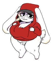 2025 anaugi anthro big_breasts big_ears black_eyes blonde_hair bottomless breasts buckteeth clothed clothing curvy_figure eyelashes female floppy_ears front_view fur genitals hair hand_on_chest hi_res hoodie huge_breasts lagomorph leporid long_ears looking_back lop_ears mammal overweight overweight_anthro overweight_female pink_nose pussy rabbit red_clothing red_hoodie red_topwear short_stack simple_background solo teeth thick_thighs topwear voluptuous white_background white_body white_fur wide_hips