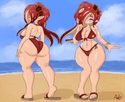 1girls 2d_(artwork) ade_(ghostlyshroom) ass ass_focus beach big_ass big_breasts bikini breasts closed_eyes digital_drawing_(artwork) digital_media_(artwork) female female_focus female_only flip_flops ghostlyshroom happy happy_female octoling octoling_girl octoling_rival red_bikini red_hair sand sandals smile smiling smiling_at_viewer splatoon splatoon_3 teeth thick_thighs