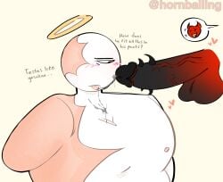 2boys @hornballing aj_(oc) amputee angel barbed_penis black_cock blowjob burn_scar chubby_male cum cumming demon demon_cock disembodied_penis dj_(oc) fat_male gay grey_cum halo laughing male man_boobs original_character original_characters red_skin tongue_out white_skin