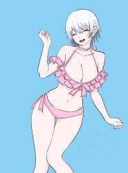 big_breasts bikini blue_background canon_genderswap cleavage genderswap_(mtf) ginko_sakata gintama gintoki_sakata hourglass_figure kayeo_0614 pale-skinned_female pale_skin pink_bikini rule_63 short_hair smile swimsuit thigh_gap white_hair wide_hips