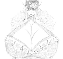 1girls alternate_breast_size blush digital_media_(artwork) female fire_emblem fire_emblem_engage frametrap gigantic_breasts huge_breasts hyper_breasts ivy_(fire_emblem) looking_at_own_breasts looking_down sketch solo surprised