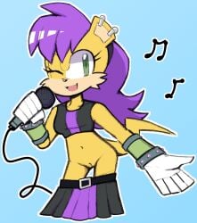 anthro archie_comics bangs belt bigrobbie black_bottomwear black_clothing black_nose black_skirt black_topwear blue_background bottomless bottomwear bottomwear_down bracelet breasts cheek_tuft clothed clothing ear_piercing electronics eyelashes facial_tuft female fur genitals gloves green_eyes hair handwear herpestid hi_res holding_microphone holding_object jewelry long_hair looking_at_viewer mammal microphone mina_mongoose mongoose musical_note musical_symbol navel one_eye_closed open_mouth open_smile piercing purple_bottomwear purple_clothing purple_hair purple_skirt purple_topwear pussy sega simple_background skirt skirt_down small_breasts smile solo sonic_(series) sonic_the_hedgehog_(archie) sonic_the_hedgehog_(comics) sonic_the_hedgehog_(series) studded_bracelet studded_jewelry studs symbol tan_body tan_fur topwear tuft white_clothing white_gloves white_handwear wink winking_at_viewer yellow_body yellow_fur