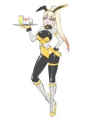 ballet_boots bdsm_collar bondage_mittens bunny_ears bunny_girl bunnysuit darkness_(konosuba) eudetenis kono_subarashii_sekai_ni_shukufuku_wo! latex latex_bodysuit latex_clothing latex_suit serving_tray waitress