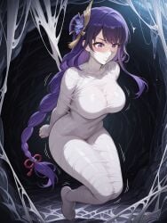 ai_generated arthropod_webbing female genshin_impact long_hair multicolored_hair okaymomo purple_eyes raiden_shogun spiderweb web