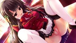 1girl arm_support black_hair black_sailor_collar bow bowtie breasts brown_shoes buttons censored cropped_jacket double-breasted dutch_angle evening frilled_skirt frills from_above gold_trim half-closed_eyes highres indoors jacket kugayama_konoka lapels legs_up loafers long_hair long_sleeves m_legs miniskirt mosaic_censoring non-web_source official_art on_table open_clothes open_jacket pink_shirt pink_thighhighs pleated_skirt prism_recollection! purple_eyes pussy pussy_juice red_bow red_bowtie red_vest sailor_collar shintarou shirt shoes sitting skirt sleeve_cuffs solo spread_legs table thighhighs vest