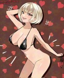 1girls areolae bianca_(norishiitsu) bikini bikini_bottom_removed black_bikini blonde_hair breasts brown_eyes cleavage female large_breasts looking_at_viewer navel norishiitsu open_mouth original pussy shiny_skin short_hair solo tongue tongue_out