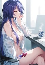 acheron_(honkai:_star_rail) ai_generated breasts closed_eyes coffee_mug daytime honkai:_star_rail naked_female napping purple_hair raaicave shirt_only