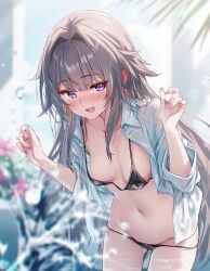 arms_up black_bikini blush female honkai:_star_rail raaicave small_breasts the_herta_(honkai:_star_rail) water_splash
