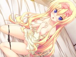 bed blonde_hair blush breasts censored game_cg koiimo_sweet_days kyoukain_yurika long_hair nipples purple_eyes pussy sakana