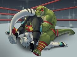2024 anthro ass_up bulge bulge_grab clothing devin_(derpybro) dinosaur dominant duo fighting_ring fingerless_gloves gloves handwear horrorbuns kallan_hayes_(derpybro) lizard looking_at_another male male/male mask muscular muscular_anthro muscular_male prehistoric_species reptile scalie sitting sports_mask sportswear wrestling wrestling_briefs wrestling_mask