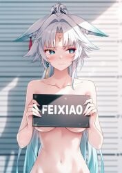 ai_generated covered_breasts cyan_eyes embarrassed_nude_female feixiao_(honkai:_star_rail) honkai:_star_rail horny_jail mugshot naked_female raaicave