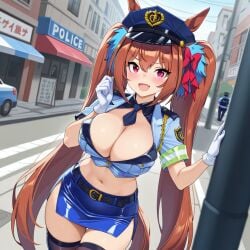 ai_generated animal_ears breasts cleavage cosplay daiwa_scarlet_(umamusume) female hips horse_girl policewoman pussy red_eyes ribbon_in_hair tiara twintails umamusume umamusume_pretty_derby