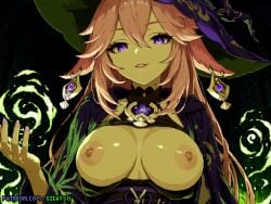 ai_generated breasts breasts_out genshin_impact gigatsu looking_at_viewer magic nipples pink_hair pixel_art purple_eyes witch_hat yae_miko