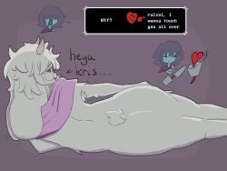 2025 ambiguous_gender anthro anthro_focus armor armpit_hair armpit_tuft ass_focus big_ass blush blush_lines bovid deltarune digital_media_(artwork) duo english_text eyebrows eyelashes eyewear femboy feminine_male fur furry glasses goat hair heart hi_res horns human kris_(deltarune) laying_down laying_on_side looking_at_viewer male meme_reference messy_hair naked narrowed_eyes nonbinary nude nude_male open_mouth ralsei ralsei_with_white_fur ramenkiu scarf simple_background simple_shading slim_waist smile soul tail text text_box thighs toby_fox undertale undertale_(series)