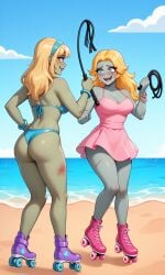 ai_generated beach bikini_zombie_(pvz) blonde_hair blonde_hair_female blue_eyes blush blushed clothed glitter_zombie_(pvz) plants_vs_zombies whip whip_mark_on_leg whip_marks zombie zombie_girl