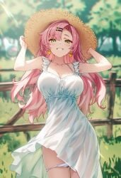 1female fence forest_background grass_field green_eyes nicole_demara pink_hair raaicave smile straw_hat white_dress zenless_zone_zero