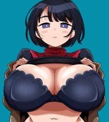 1girls alternate_version_available big_breasts black_bra black_eyes black_hair bra breast_focus breasts cleavage clothes_lift clothing female_only gimrondo gundam gundam_gquuuuuux hair huge_breasts looking_at_viewer mature mature_female mature_woman milf presenting_breasts shiiko_sugai short_hair solo solo_female topwear upper_body