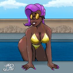 1girls big_breasts breasts dark-skinned_female dark_skin elkomasantroll female female_focus gold_bikini gold_sunglasses huge_breasts latina latina_milf mature mature_female milf mother oc original_character pool thick_lips thick_thighs violet_hair