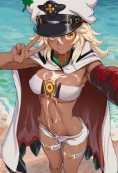 ai_generated breasts cleavage cloak cum cum_drip cum_on_body cum_on_breasts dm4freeairequests guilty_gear guilty_gear_xrd large_breasts peace_sign ramlethal_valentine