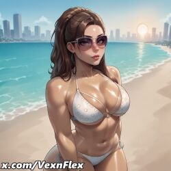 ai_generated athletic_female aviator_sunglasses beach bikini brown_eyes brown_hair dark-skinned_female dark_hair dark_skin fit_female grand_theft_auto grand_theft_auto_vi hi_res high_resolution highres hoop_earrings latina lucia_caminos outdoors sunglasses vexnflex watermark