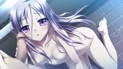 amou_mikage bath bathtub breasts censored game_cg kikurage long_hair nipples nude penis purple_eyes purple_hair purple_software shiawase_kazokubu wet