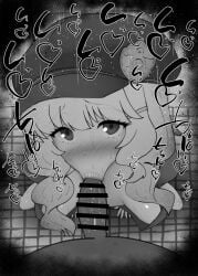 1boy 1girls :>= aoba_(blue_archive) bare_shoulders big_penis black_and_white blowjob blue_archive blush censored dark-skinned_male dark_skin detailed_background drooling eyelashes fellatio female hat heart human indoor inside kurotama long_hair looking_at_viewer male male_pov oral oral_sex penis room saliva shiny shiny_skin sketch small_breasts sound_effects squatting sweat text vein veins veiny veiny_penis