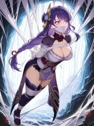 ai_generated arthropod_webbing female genshin_impact long_hair multicolored_hair okaymomo purple_eyes raiden_shogun spiderweb web