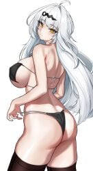 absurdres ahoge ass bikini black_bikini black_thighhighs covered_erect_nipples duan_zhu_ya eyepatch_bikini female from_side hair_intakes highres long_hair simple_background solo swimsuit thighhighs thighs very_long_hair white_background white_hair yellow_eyes yi_xuan_(zenless_zone_zero) zenless_zone_zero