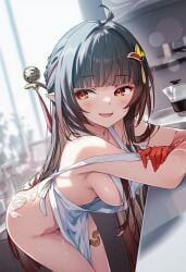 1girls ai_generated bending_forward black_hair daytime honkai:_star_rail kitchen_appliance kitchen_background kitchen_counter lingsha_(honkai:_star_rail) pussy_juice_drip raaicave shoulders