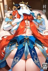 1girls ai_generated ass ass_focus bare_shoulders bed big_breasts breasts bridal_gauntlets female female_only fourina genshin_impact huge_ass light-skinned_female long_hair nilou_(genshin_impact) on_stomach orange_hair pillow sleeping solo sweat thighs veil very_long_hair