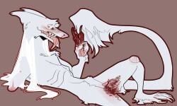 andromorph anthro blood blood_from_pussy blood_in_pussy blood_on_finger blood_on_pussy blood_on_thigh blush bodily_fluids brown_background clitoral_hood eek_(hamham_gd) eye_bags fur genital_fluids genitals gesture grey_body grey_fur hair hamham_gd hand_gesture hi_res intersex long_hair lying menstruation missing_arm nosebleed nude_andromorph nude_anthro on_back prehensile_clitoral_hood pussy ribs sergal sharp_teeth simple_background slim solo tail tail_tuft teeth tongue tongue_out tuft v_sign white_hair wounded