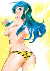 1girls 2014 ass blue_eyes blue_hair blush breasts covering_breasts curvaceous female green_hair horns humanoid large_ass large_breasts light-skinned_female light_skin long_hair looking_at_viewer lum ojo_(dfreak) oni panties pointy_ears princess sideboob solo standing sweatdrop thick_thighs topless urusei_yatsura wide_hips