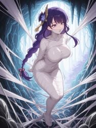 ai_generated arthropod_webbing female genshin_impact long_hair multicolored_hair okaymomo purple_eyes raiden_shogun spiderweb web
