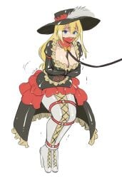 armbinder ballet_boots big_breasts bondage bondage cleavage darkness_(konosuba) dress eudetenis gag gagged hat heel_boots hopping kono_subarashii_sekai_ni_shukufuku_wo! latex latex_clothing latex_dress leash leash_pull leashed legbinder muzzle_gag posture_collar