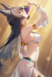ai_generated black_hair eating_fruit egyptian_clothes hoshimi_miyabi looking_up one_arm_up orange_eyes raaicave sunlight_rays translucent_clothing wolf_ears zenless_zone_zero