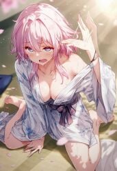 breast_peek heat_(temperature) honkai:_star_rail march_7th_(honkai:_star_rail) open_mouth pink_hair raaicave shoulders sitting_on_floor sweating sweating_profusely yukata